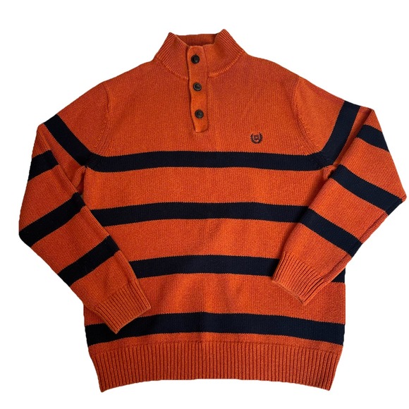 Chaps Knit Sweater Mens Medium Orange Navy Blue Striped 100%‎ Cotton Preppy UVA - Picture 1 of 13